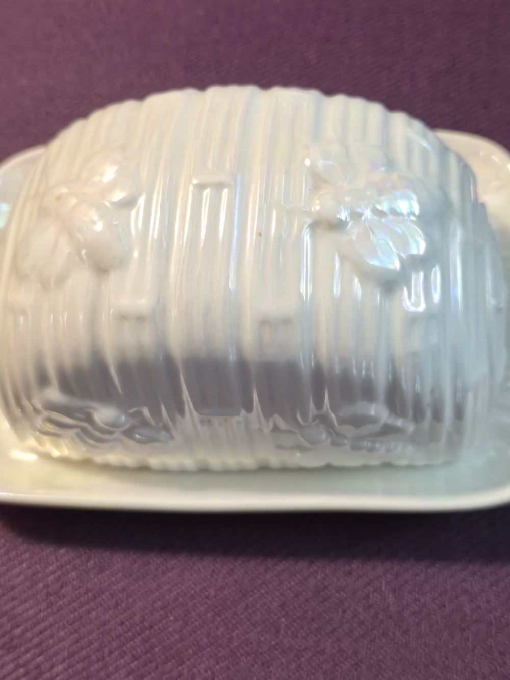 Elegance Pearl Glazed Porcelain Butter Dish Bee's & Honeycomb